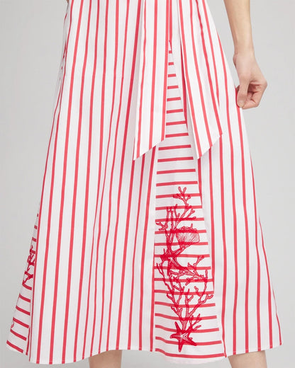 Chico's Embroidered Godet Striped Maxi Dress Alabaster