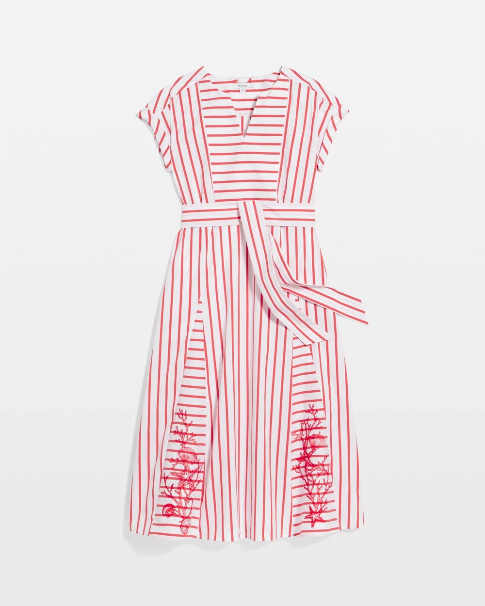 Chico's Embroidered Godet Striped Maxi Dress Alabaster