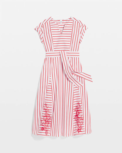 Chico's Embroidered Godet Striped Maxi Dress Alabaster