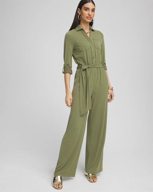 Chico's Belted Jersey Maxi Jumpsuit Rustic Olive