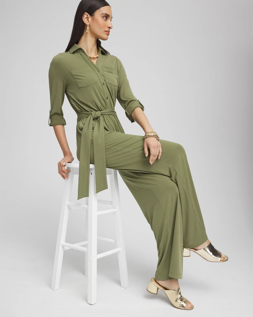 Chico's Belted Jersey Maxi Jumpsuit Rustic Olive