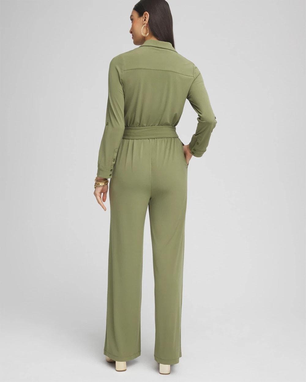 Chico's Belted Jersey Maxi Jumpsuit Rustic Olive
