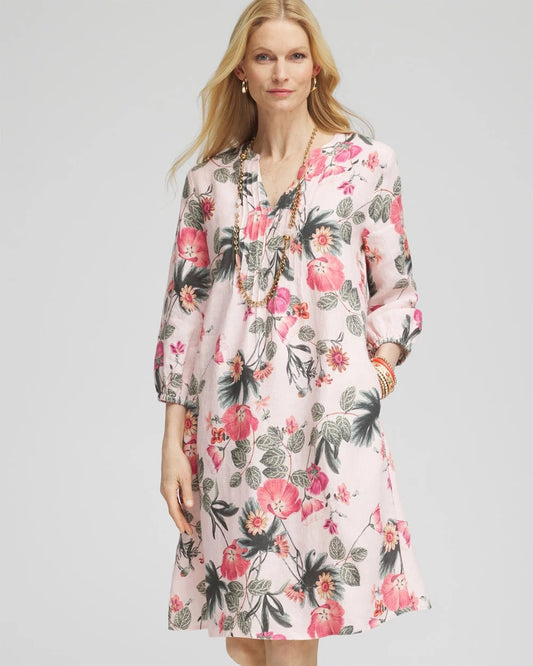 Chico's Floral Linen Pintuck 3/4 Sleeved Dress Multi