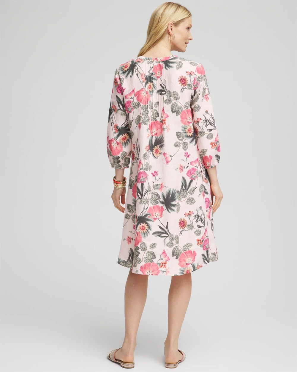 Chico's Floral Linen Pintuck 3/4 Sleeved Dress Multi