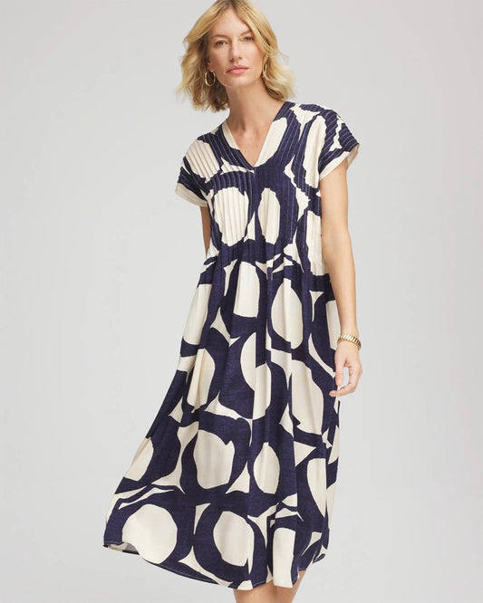 Chico's Printed Silk-Twill Popover Midi Dress Passport Blue