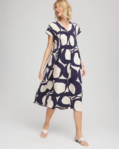 Chico's Printed Silk-Twill Popover Midi Dress Passport Blue