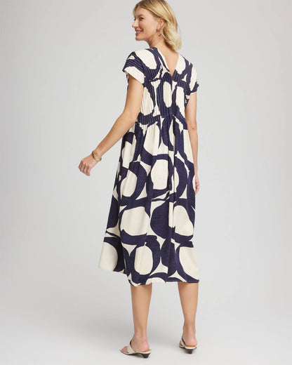 Chico's Printed Silk-Twill Popover Midi Dress Passport Blue