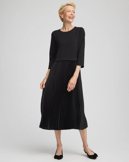Chico's Satin-Knit Pleated Maxi Dress Black