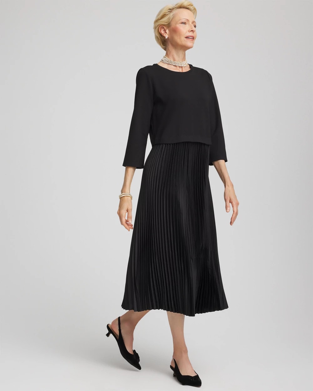 Chico's Satin-Knit Pleated Maxi Dress Black