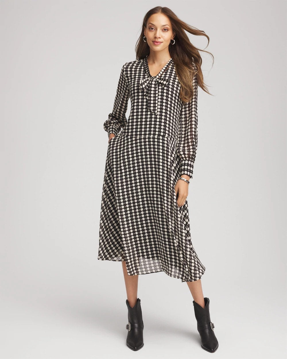 Chico's Chiffon Clip-Dot Tie-Neck Dress Black