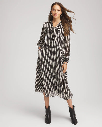 Chico's Chiffon Clip-Dot Tie-Neck Dress Black
