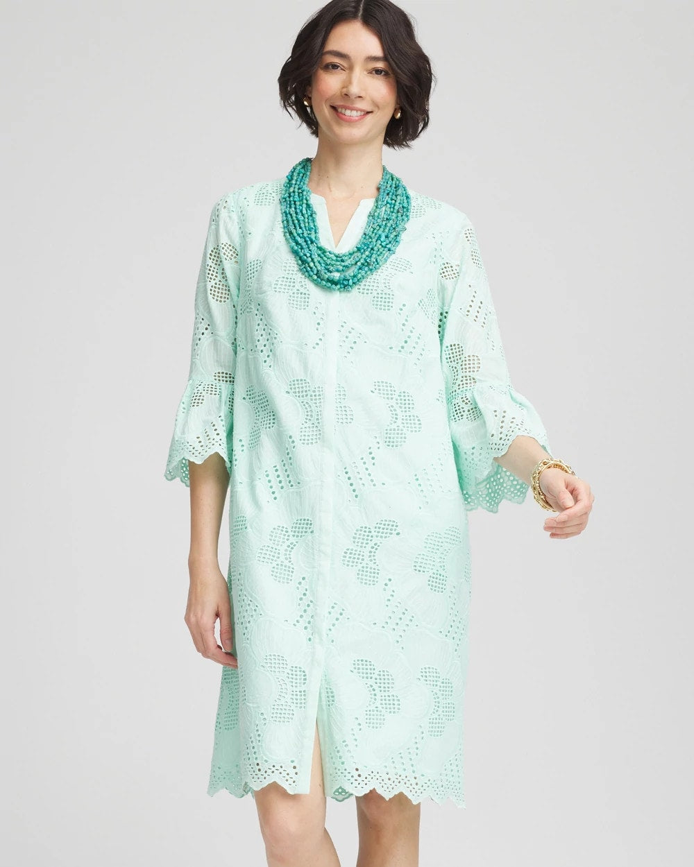 Chico's Eyelet Cotton Voile Dress Teal Waters