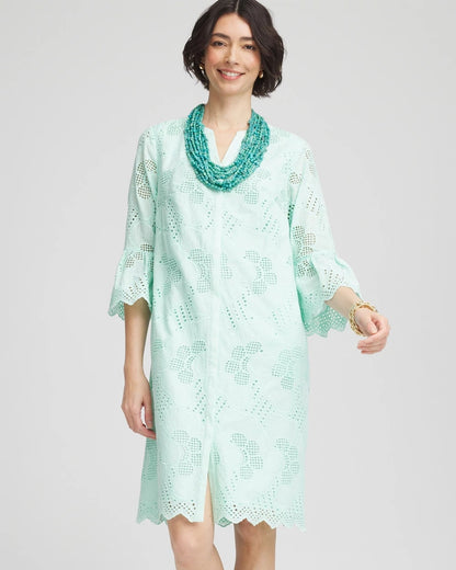 Chico's Eyelet Cotton Voile Dress Teal Waters