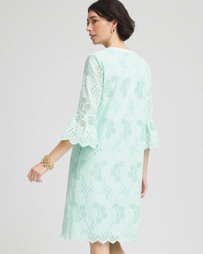 Chico's Eyelet Cotton Voile Dress Teal Waters