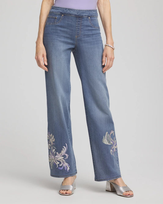 Chico's Embroidered Pull-On Wide-Leg Jeans Soraya Indigo
