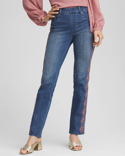 Chico's Lace Embroidered Pull-On Straight Jeans Alpine Indigo