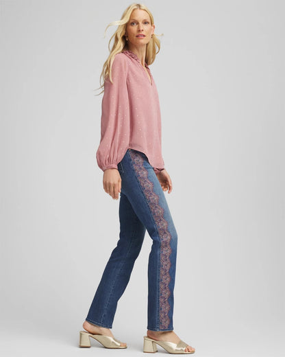 Chico's Lace Embroidered Pull-On Straight Jeans Alpine Indigo