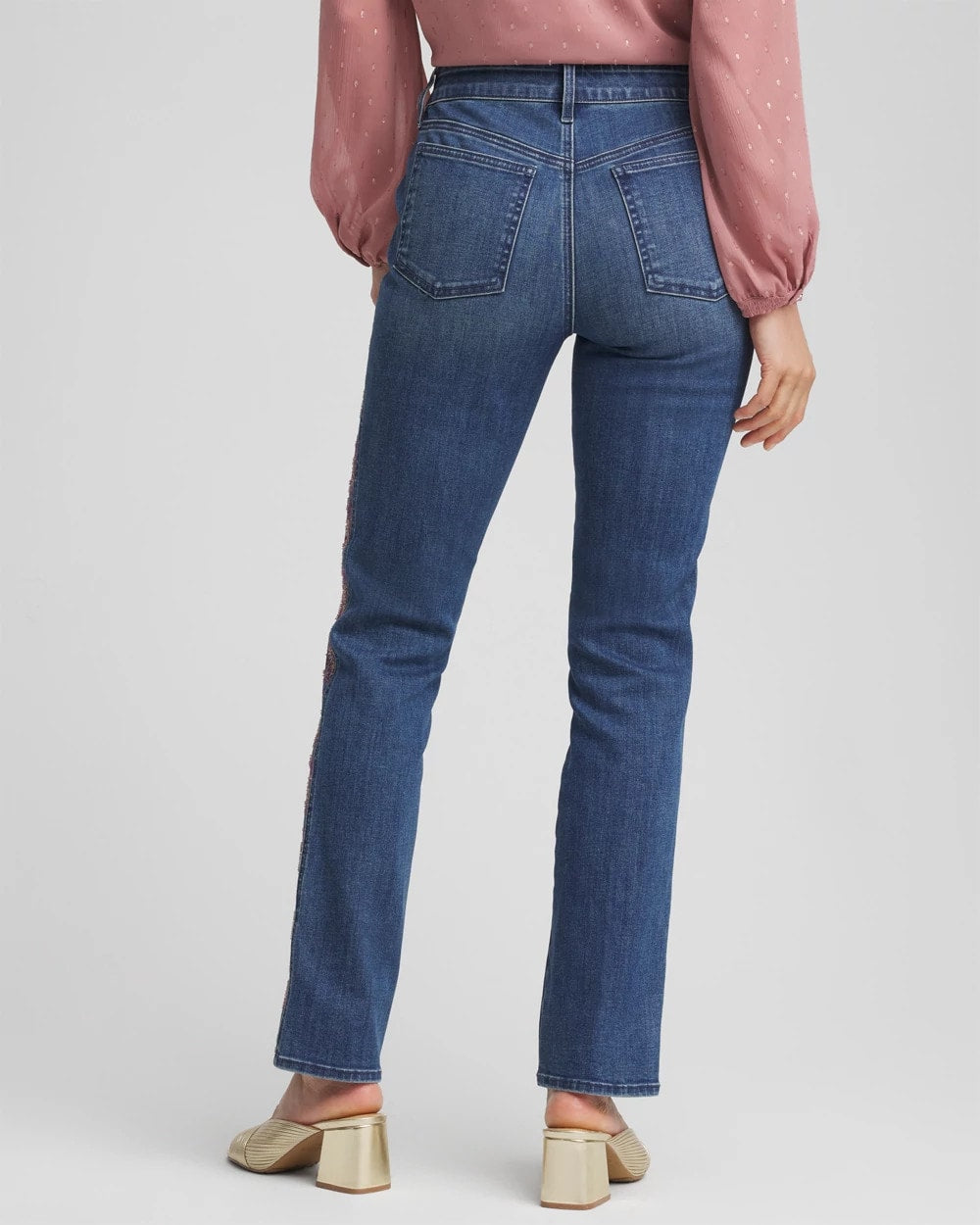 Chico's Lace Embroidered Pull-On Straight Jeans Alpine Indigo