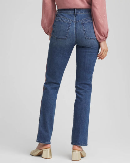 Chico's Lace Embroidered Pull-On Straight Jeans Alpine Indigo