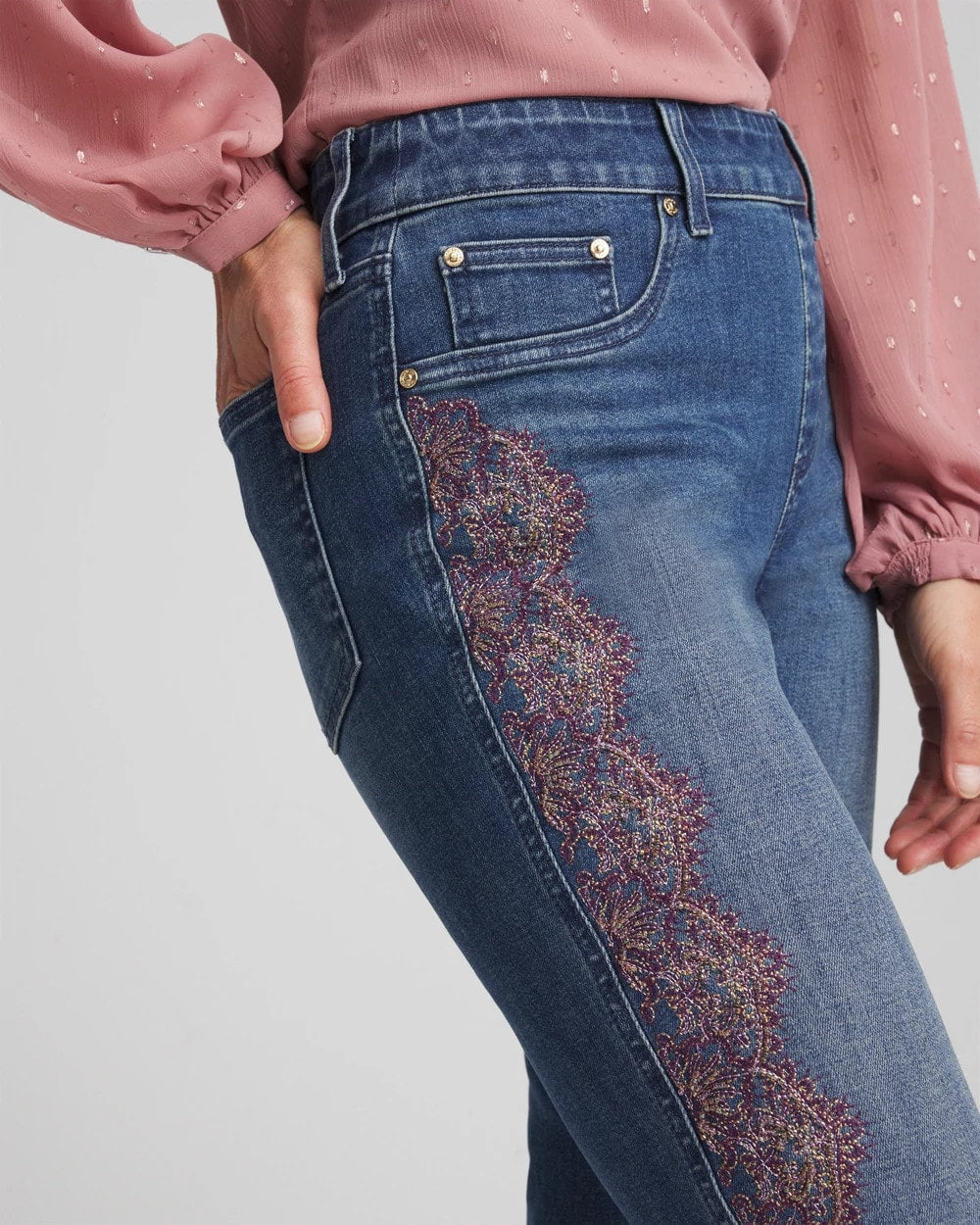 Chico's Lace Embroidered Pull-On Straight Jeans Alpine Indigo