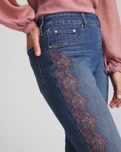 Chico's Lace Embroidered Pull-On Straight Jeans Alpine Indigo