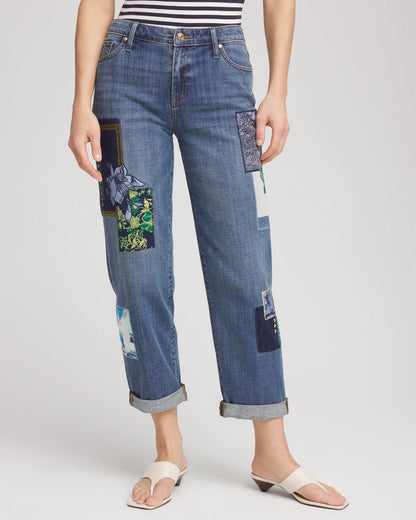 Chico's Boyfriend Patchwork Cropped Jeans Whimsical Indigo