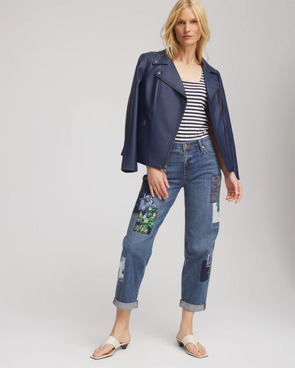 Chico's Boyfriend Patchwork Cropped Jeans Whimsical Indigo