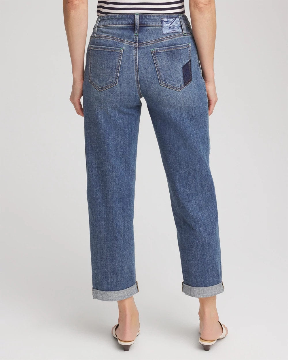 Chico's Boyfriend Patchwork Cropped Jeans Whimsical Indigo