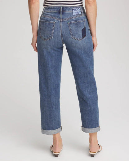 Chico's Boyfriend Patchwork Cropped Jeans Whimsical Indigo