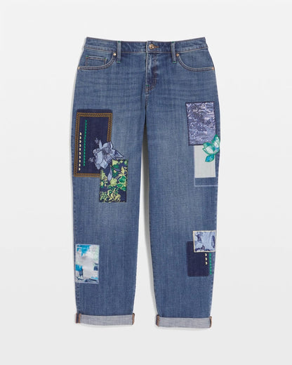 Chico's Boyfriend Patchwork Cropped Jeans Whimsical Indigo