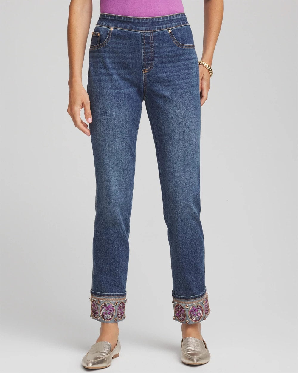 Chico's Embellished Pull-On Slim Ankle Jeggings Buttercup Indigo