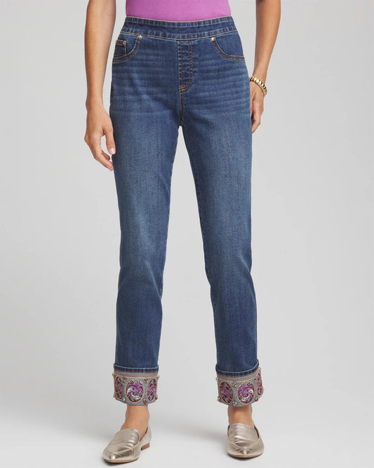 Chico's Embellished Pull-On Slim Ankle Jeggings Buttercup Indigo