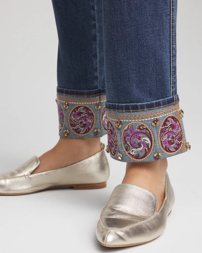 Chico's Embellished Pull-On Slim Ankle Jeggings Buttercup Indigo