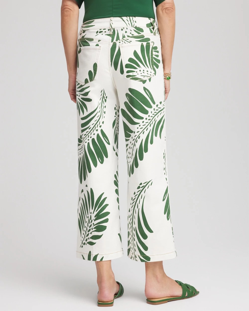 Chico's Palm-Frond-Motif Pull-On Wide-Leg Cropped Jeans Ecru