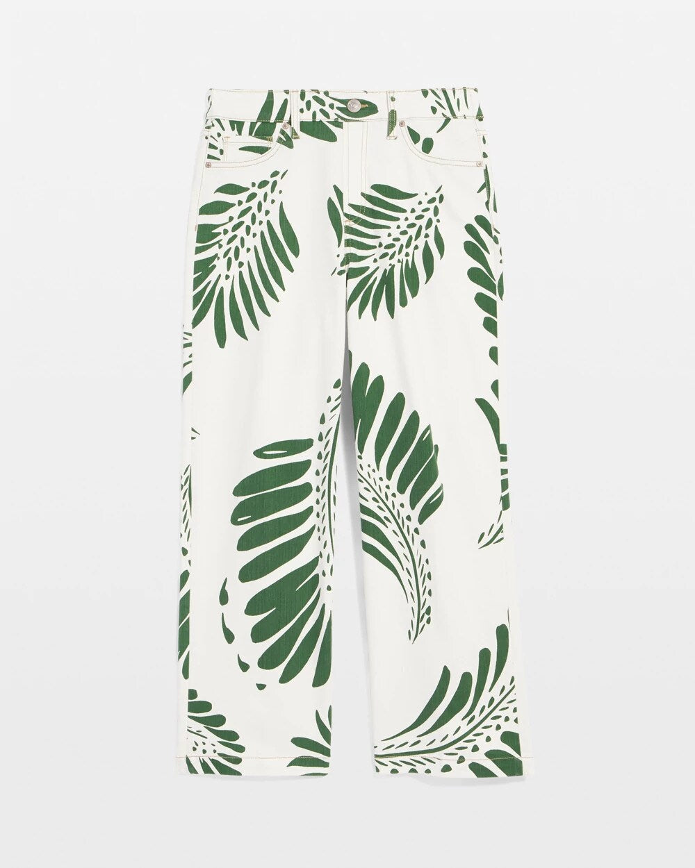 Chico's Palm-Frond-Motif Pull-On Wide-Leg Cropped Jeans Ecru