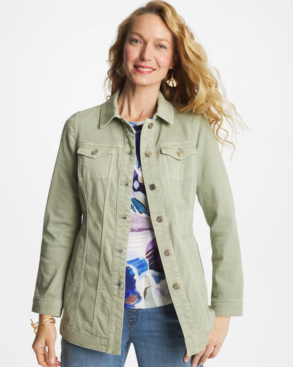 Chico's Elongated Belted Denim Jacket Seagrass Green