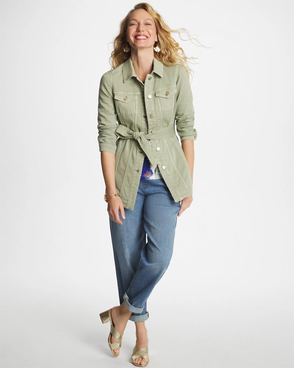 Chico's Elongated Belted Denim Jacket Seagrass Green