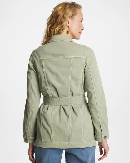 Chico's Elongated Belted Denim Jacket Seagrass Green