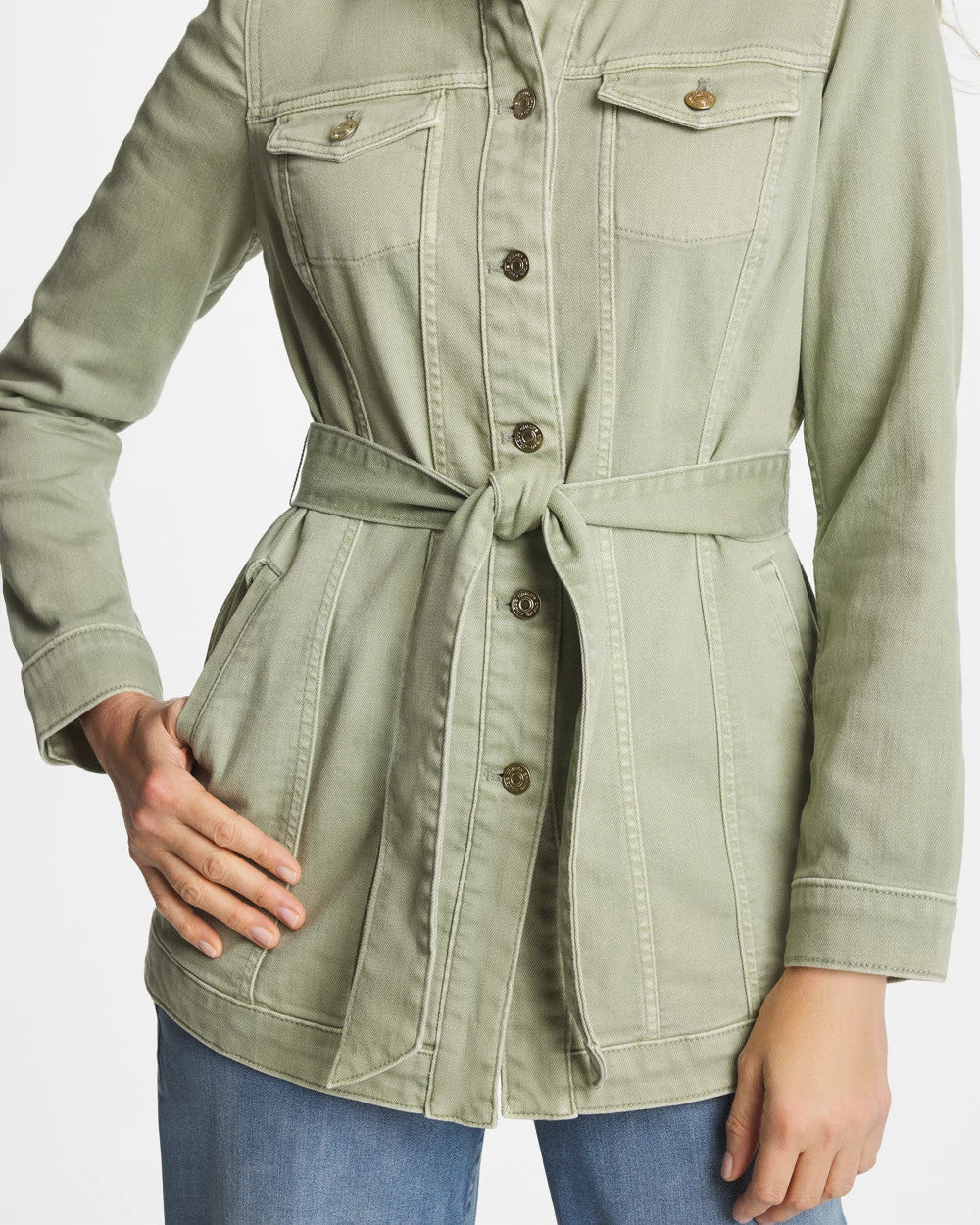 Chico's Elongated Belted Denim Jacket Seagrass Green