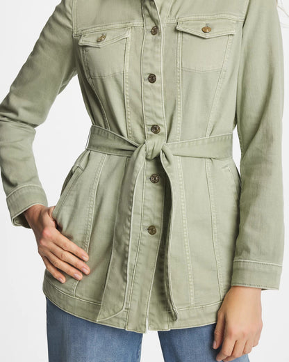 Chico's Elongated Belted Denim Jacket Seagrass Green