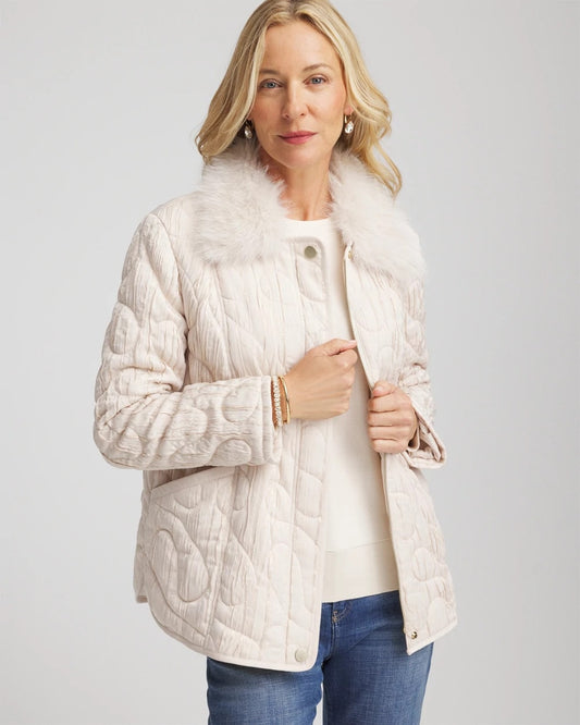 Chico's Quilted Faux Fur Collar Jacket Cream