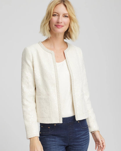 Chico's Pearl Trim Tweed Jacket English Cream