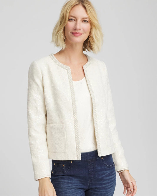 Chico's Pearl Trim Tweed Jacket English Cream