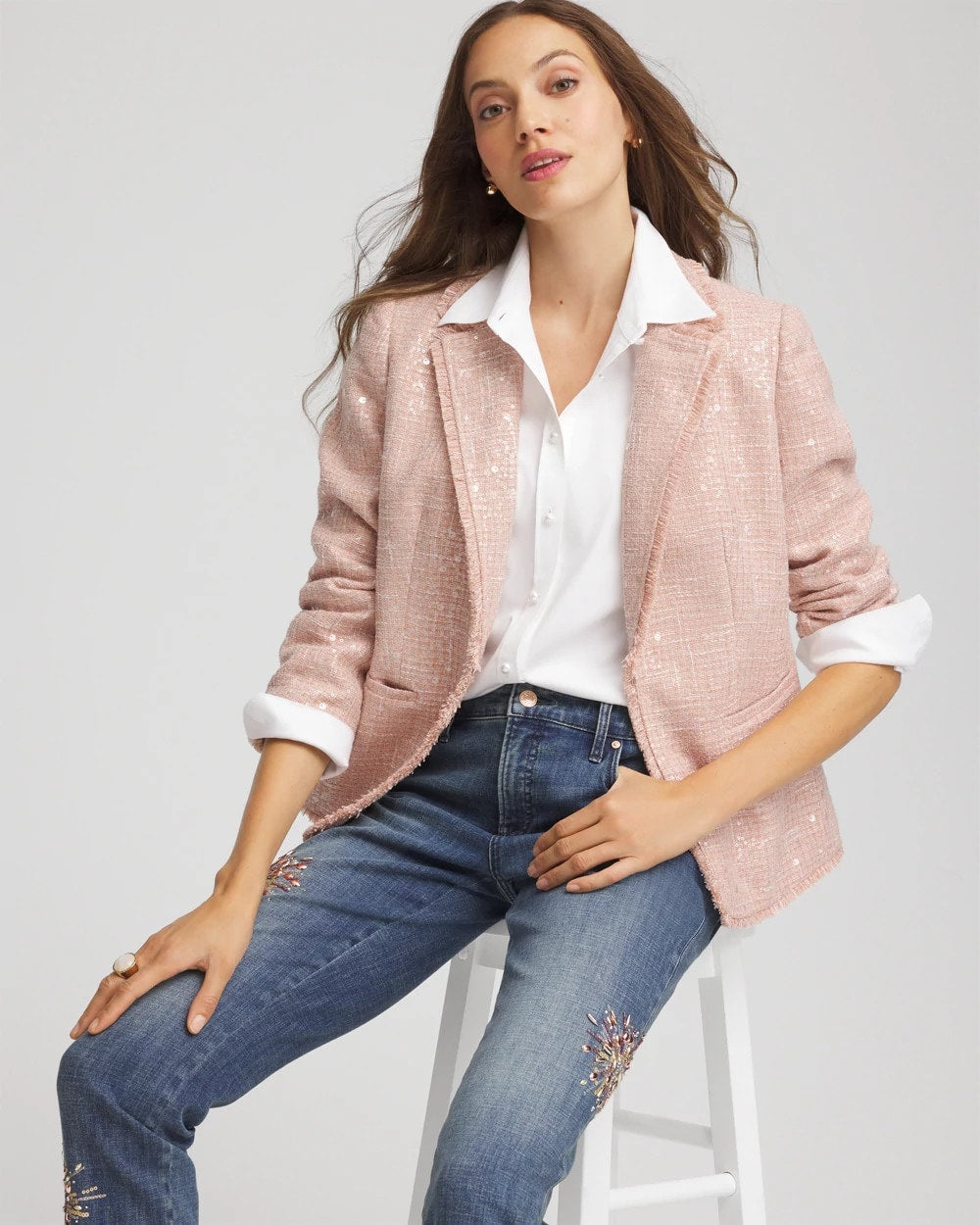 Chico's Party Tweed Sequins Blazer Pink