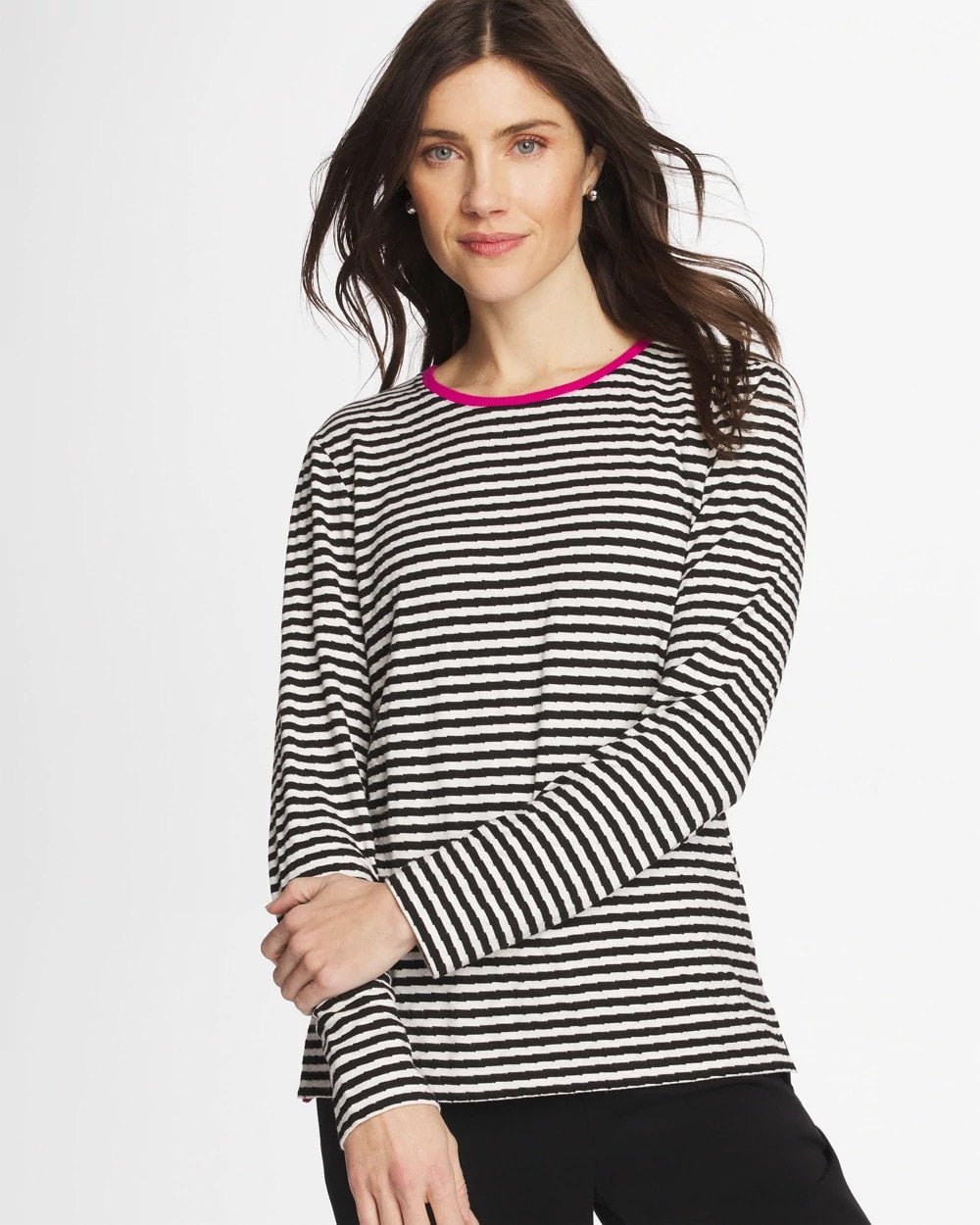 Chico's Zenergy® Striped Jacquard Contrast Pullover Top Europa Pink