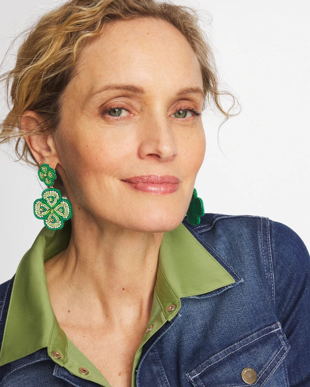 Chico's Clover Drop On Post Earrings Green
