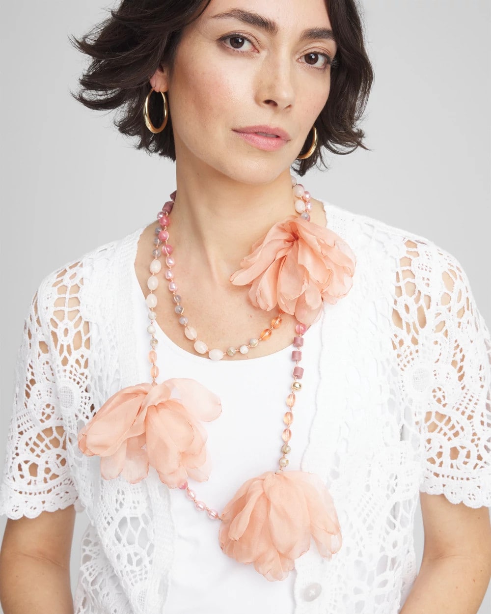 Chico's Pink Floral Aventurine Long Single Necklace Pink