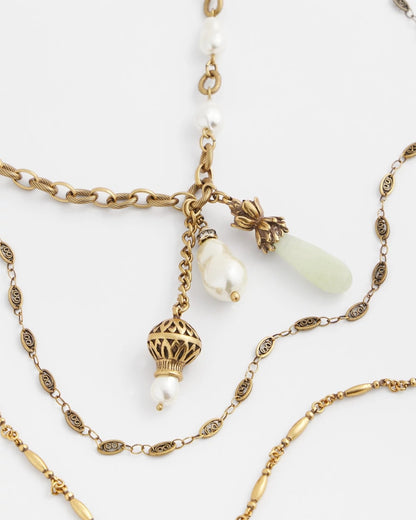 Chico's Convertible Multi-Strand Jade & Faux Pearl Charm Necklace White/Gold