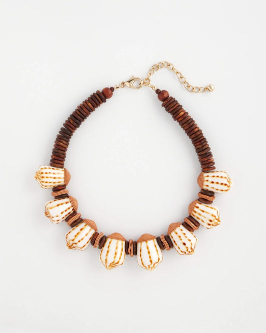 Chico's Shell & Wood Bib Necklace Neutral