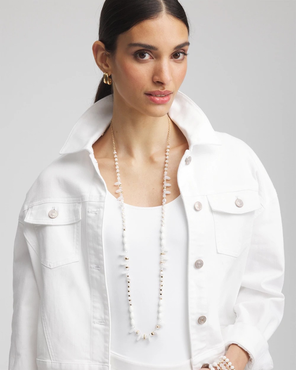 Chico's White Beaded Single Strand Necklace White